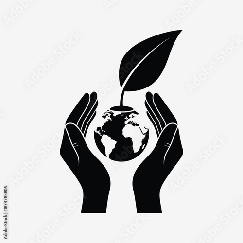 Hands holding earth with growing leaf isolated on white background, Vector, illustration
