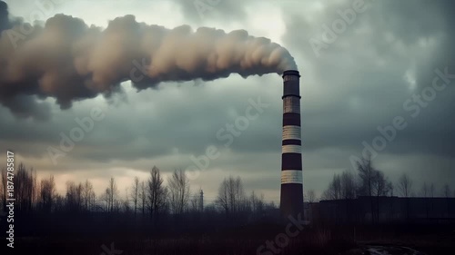 Air pollution. Environment conservation. Industry. A photograph of a factory chimney releasing plumes of smoke against a dramatic sky.