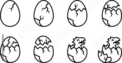 Cracked eggs in various stages of hatching dinosaur illustration set