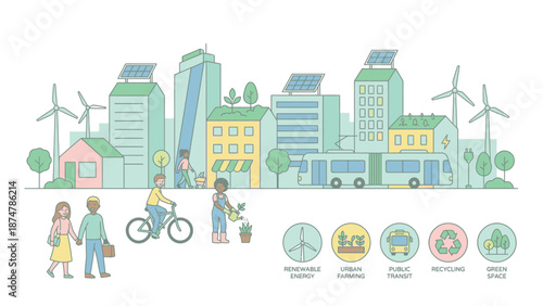 Eco-friendly city skyline with sustainable living elements.
