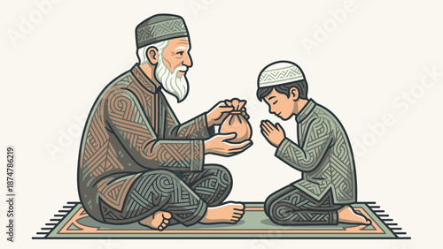 Elderly man giving gift to young boy respectfully.