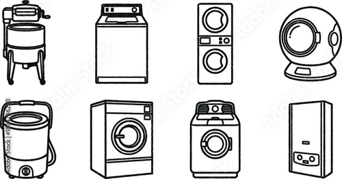 Line art illustrations of various household washing machines and dryers in black on white  simple appliance designs