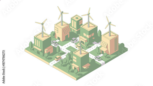 Eco-friendly city with wind turbines and green buildings.
