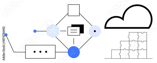 Cloud computing concept. Cloud computing integrates data with puzzle components and connected digital systems. Cloud computing enhances remote storage and process management. For IT, software, data