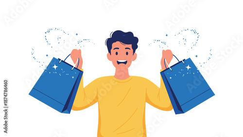 Excited Man Holding Shopping Bags After Successful Shopping Trip.