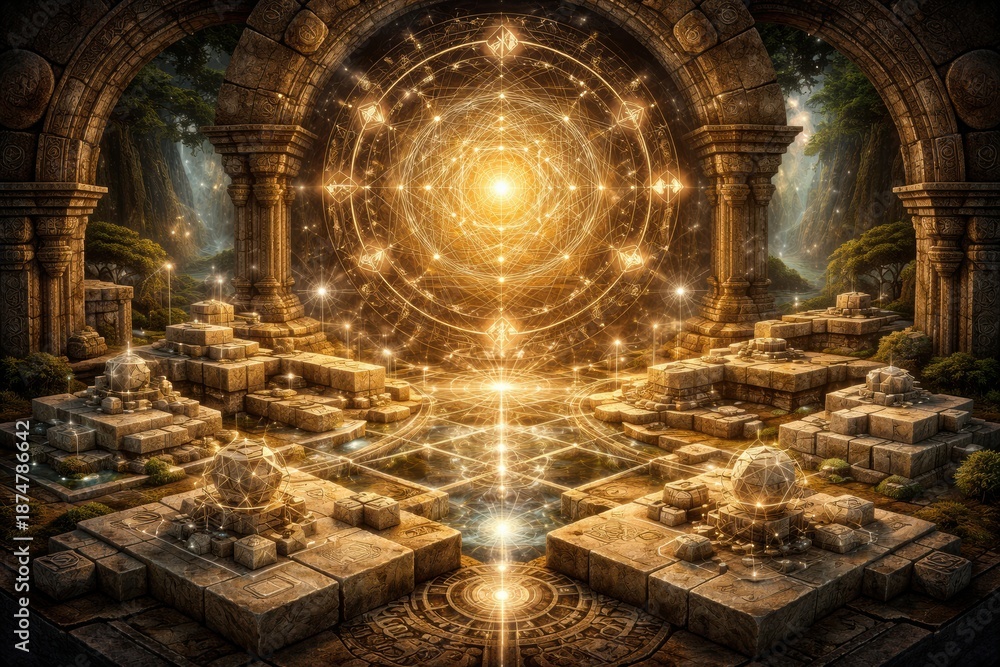 Obraz premium A bright light source shines from the center of a stone temple. The temple features intricate patterns, surrounded by stones and greenery.