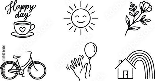 Set of black line icons with happy day theme on white background