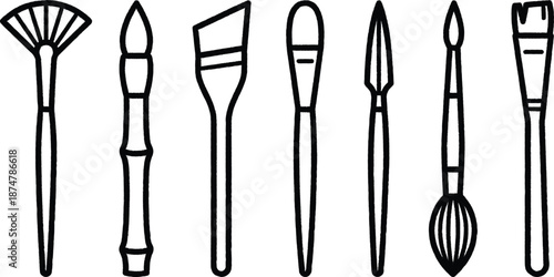 Set of seven different artistic brushes for painting and drawing  various shapes and sizes