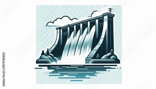 Dam with Water Flowing Over Spillway.