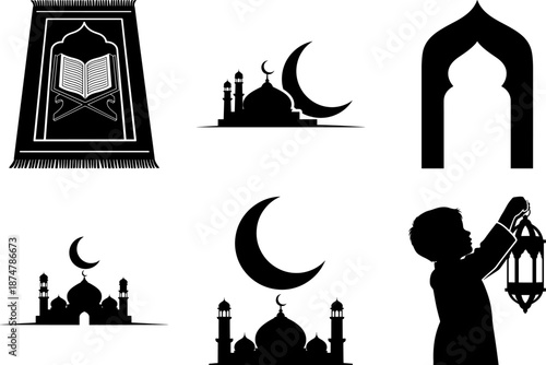 Islamic ramadan eid al fitr mosque and muslim prayer rug silhouettes with crescent moon and lantern