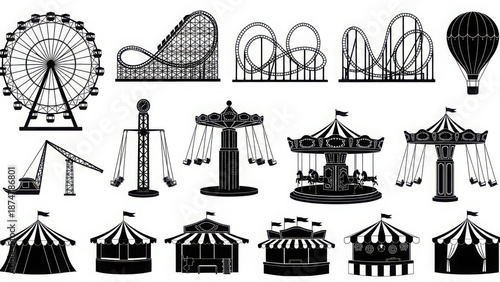Black and white illustrations of various amusement park rides and attractions
