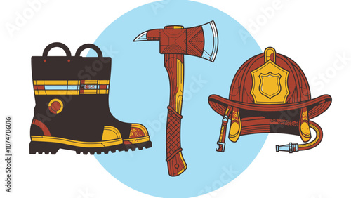 Firefighter Equipment Set Including Boots Axe and Helmet.