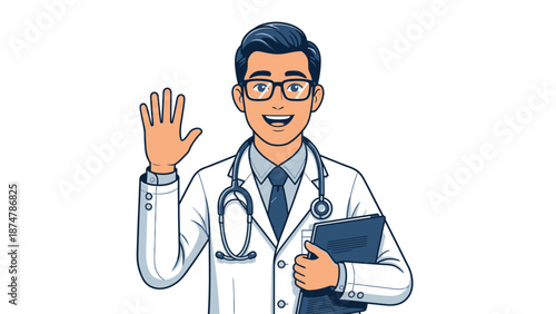Friendly Doctor Waving Hello Holding Clipboard.