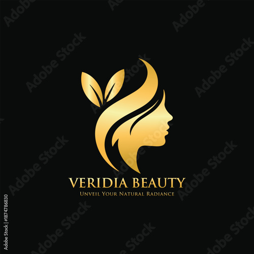 Beauty salon logo with female face and leaf natural cosmetic symbol