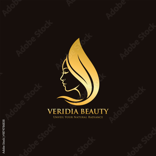 Beauty salon logo with female face and leaf natural cosmetic symbol