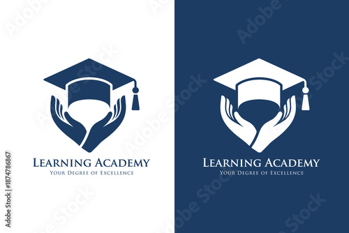 Education academy logo with graduation cap and supportive hands
