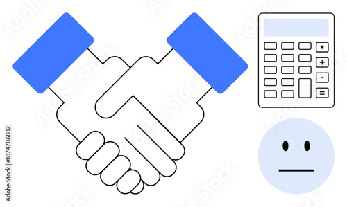 Business agreements, financial planning, cooperation, emotions, decision-making, teamwork. Handshake, calculator and neutral face. Business agreements and financial planning