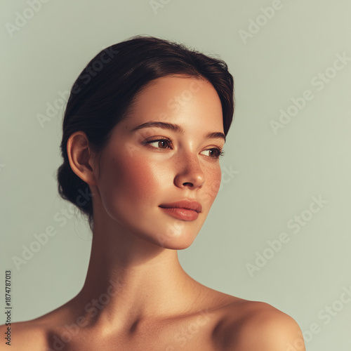 Natural Beauty Portrait of Young Woman with Soft Makeup on Beige Background