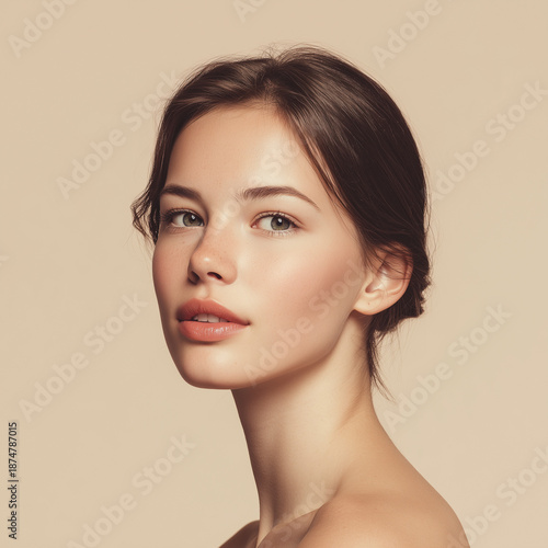 Natural Beauty Portrait of Young Woman with Soft Makeup on Beige Background