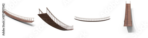 realistic 3d render photographs of a rustic wooden suspension bridge from multiple angles, isolated for adventure and travel designs. © LanscapePNG