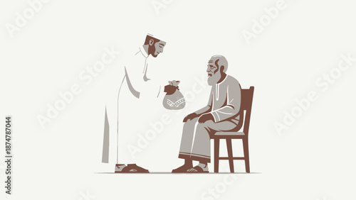 Generous man offering gift to elderly seated man.