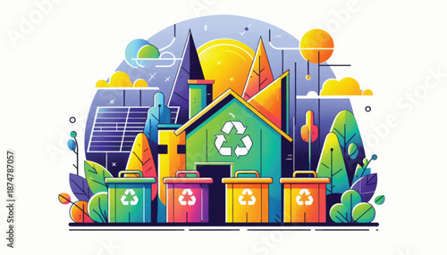 Recycling House with Solar Panels and Waste Bins.