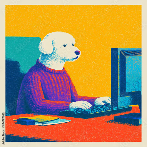 Cute Dog Character Working on Computer in Retro Office Illustration