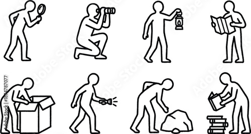 Stick figure men performing various actions with everyday objects and tools  searching  examining