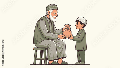 Generous Elder Man Giving Gift Bag to Young Boy.