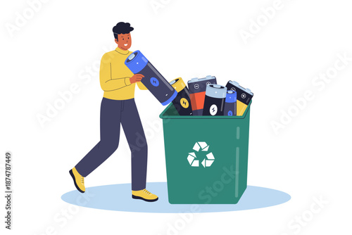 Man Disposing Used Batteries into Dedicated Recycling Container Illustration. illustration of a man responsibly throwing various used batteries into recycling bin to prevent hazardous waste pollution