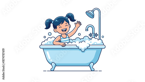 Happy little girl enjoying a bubbly bath time.