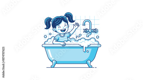 Happy little girl enjoying a bubbly bath time.