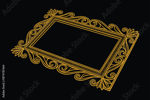 Luxury Rectangular Golden Ornament Frame with Baroque Rococo Scrollwork on White Background