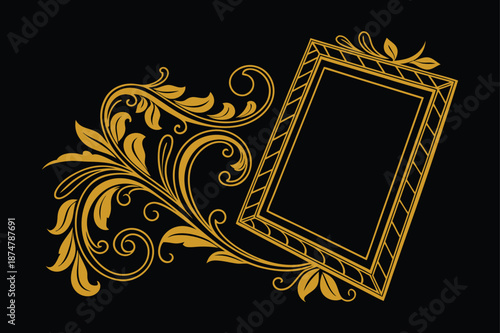 Luxury Rectangular Golden Ornament Frame with Baroque Rococo Scrollwork on White Background