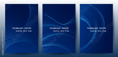 Technology Banner Poster set. Futuristic digital data wave glowing lines. Data science concept tech banner, corporate business presentation or booklet technology