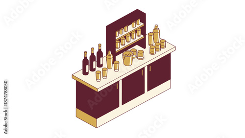 Isometric Bar Counter With Bottles And Glasses Display.