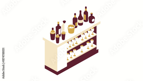 Isometric bar counter with bottles and glasses displayed.
