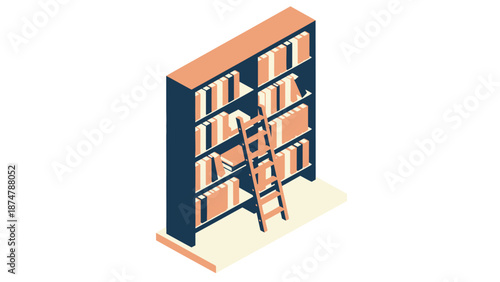 Isometric Bookshelf With Ladder And Books.