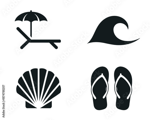 A set of black beach icons on a white background including a lounge chair umbrella wave shell and flip flops.