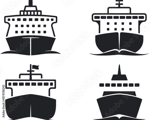 A collection of black and white illustrations of different cruise ships on a white background
