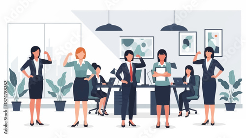 Diverse group of professional women in an office environment, showcasing strength and teamwork