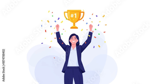 A triumphant businesswoman celebrates her victory by raising a golden trophy overhead amidst a shower of colorful confetti, symbolizing success and achievement
