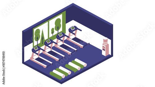 Isometric Gym Room with Treadmills and Exercise Mats.