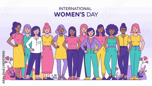 International Women's Day illustration celebrating diversity and equality among women standing together