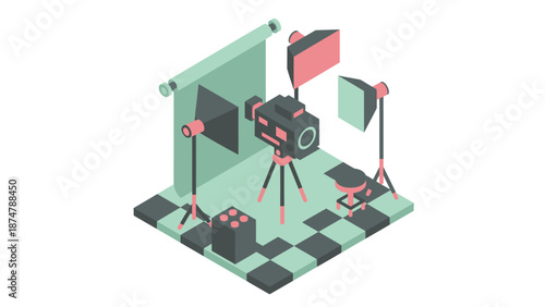Isometric film studio setup with camera and lighting equipment.