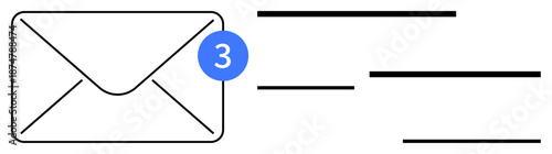 Envelope with a blue badge showing the number of unread messages, accompanied by simple horizontal lines. Ideal for communication, email, contact, messaging, notification, digital alert
