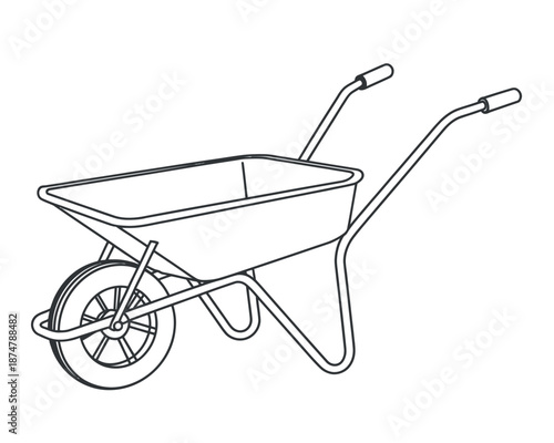 A simple line drawing of a wheelbarrow on a white background
