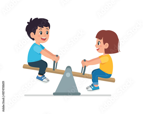 Two happy children playing on a seesaw in a playground