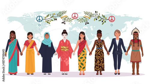 Diverse group of women from around the world holding hands in unity, celebrating cultural diversity and global togetherness