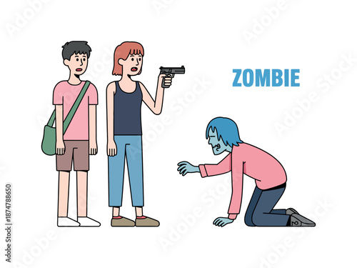 A cartoon illustration of a man and woman standing back to back with a zombie crawling on the ground in front of them.